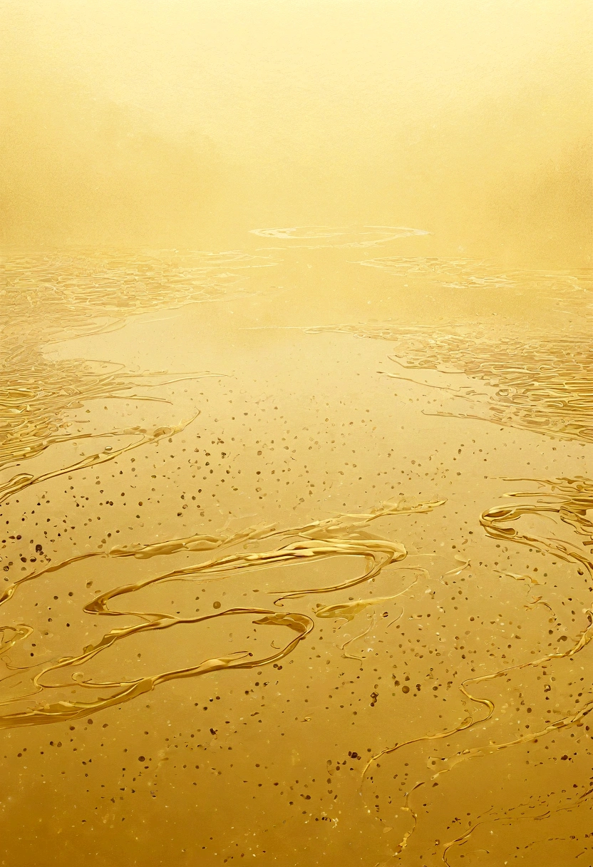 Reflections on the empty water,Surrounded by many hazy golden particles floating in the air,Mysterious atmosphere,Hazy abstract future aesthetic minimalism, Simple drawing, dyeing