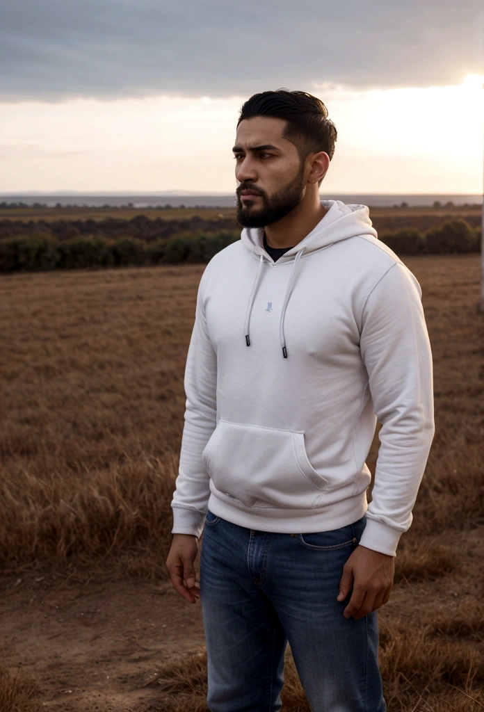 a latin man, 28 years old dark, without so much front, with comb over haircut , for the side and beard black, barba mediana, warm with white hooded sweatshirt, with jeans, standing in profile he looks at the horizon and thinks about his entire life, 1 man in the scene in far distance of the camera focus , a field and plain scene. wide angle camera scene, contemplative scene, full body shot, sun and daylight, movie perspective, High Definition, photorealistic