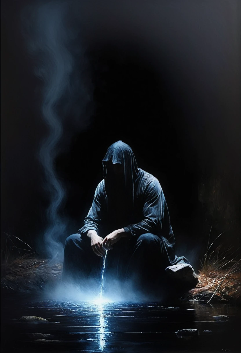 painting of a man sits by a stream, his head is hidden in a black mystical fog, cinematic scene, volumetric lights, ultra realistic, in the style of nicola samori