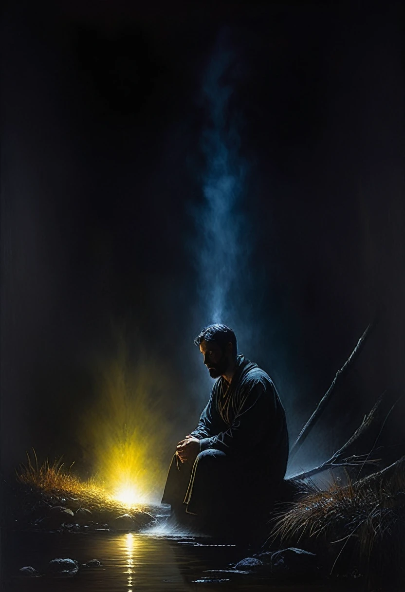 painting of a man sits by a stream, his head is hidden in a black mystical fog, cinematic scene, volumetric lights, ultra realistic, in the style of nicola samori