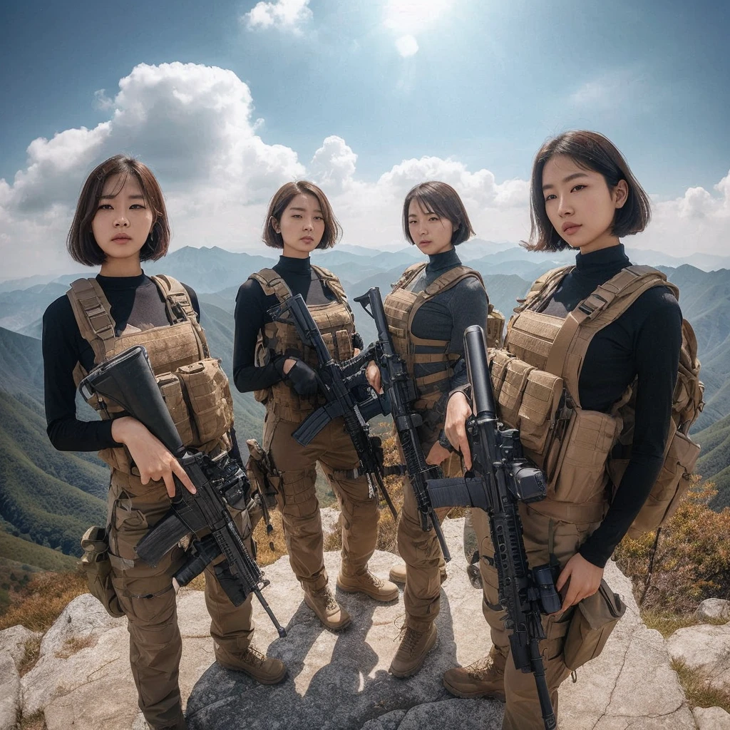 beautiful Korean woman, wearing a thick tactical uniform shirt and long tactical trousers, short hairstyle, smooth white skin. by holding an ak 74, vest, backpack bag. Collation on a high mountain peak,Barren fields. clear blue sky with few white clouds. fisheye lens shot, ultra-wide lens shot, verry realistic, detailed, sharp, detailed texture,high quality photos
