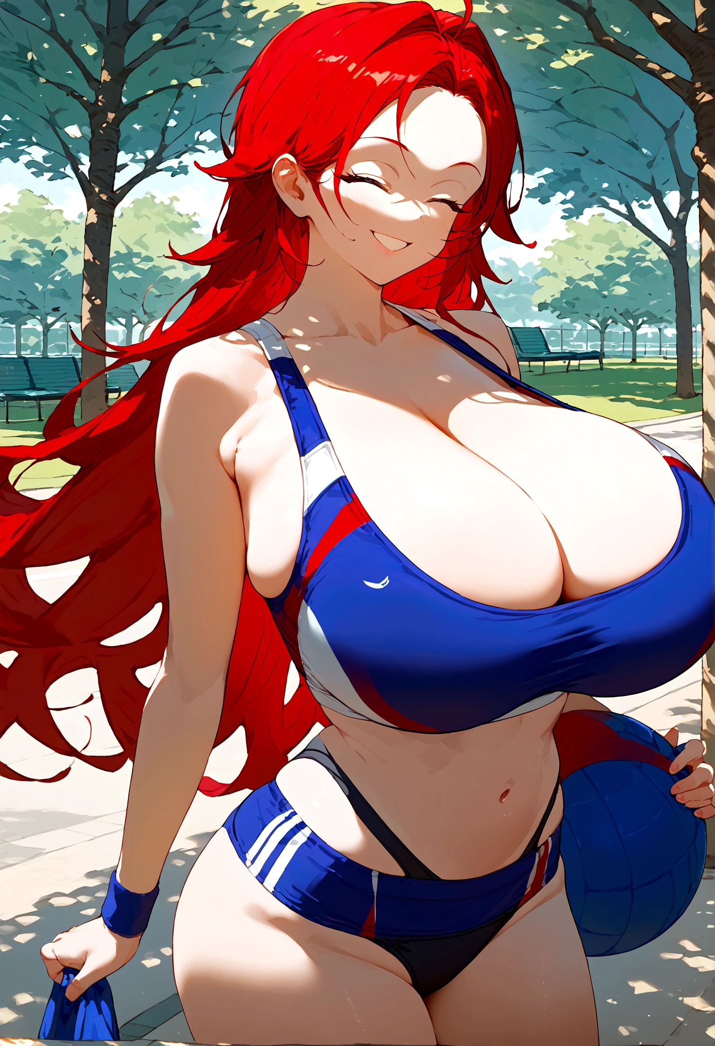 score_9, score_8_up, source_anime, 1girl, nihilister, red hair, long hair, huge breasts, sports bra, black panties, standing, looking at viewer, ^ ^, eyes closed, smile, park,