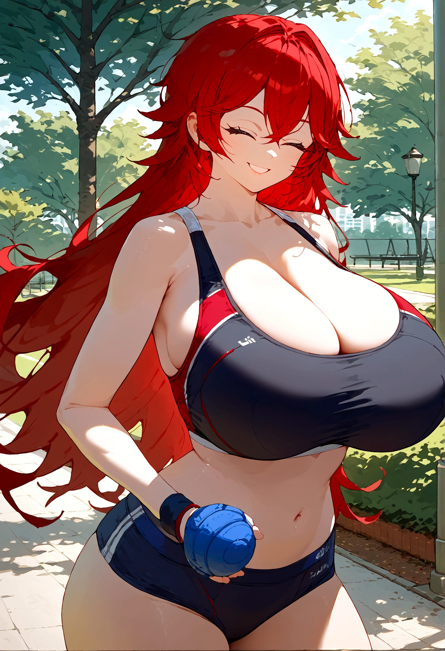 score_9, score_8_up, source_anime, 1girl, nihilister, red hair, long hair, huge breasts, sports bra, black panties, standing, looking at viewer, ^ ^, eyes closed, smile, park,