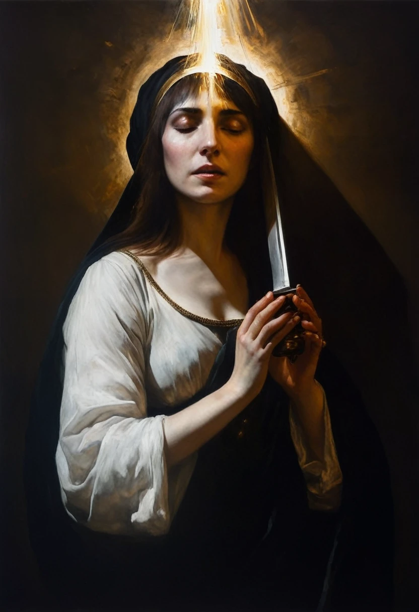 painting of a Judith cuts off the head of Holofernes. perfect hands, cinematic scene, volumetric lights, ultra realistic, in the style of nicola samori