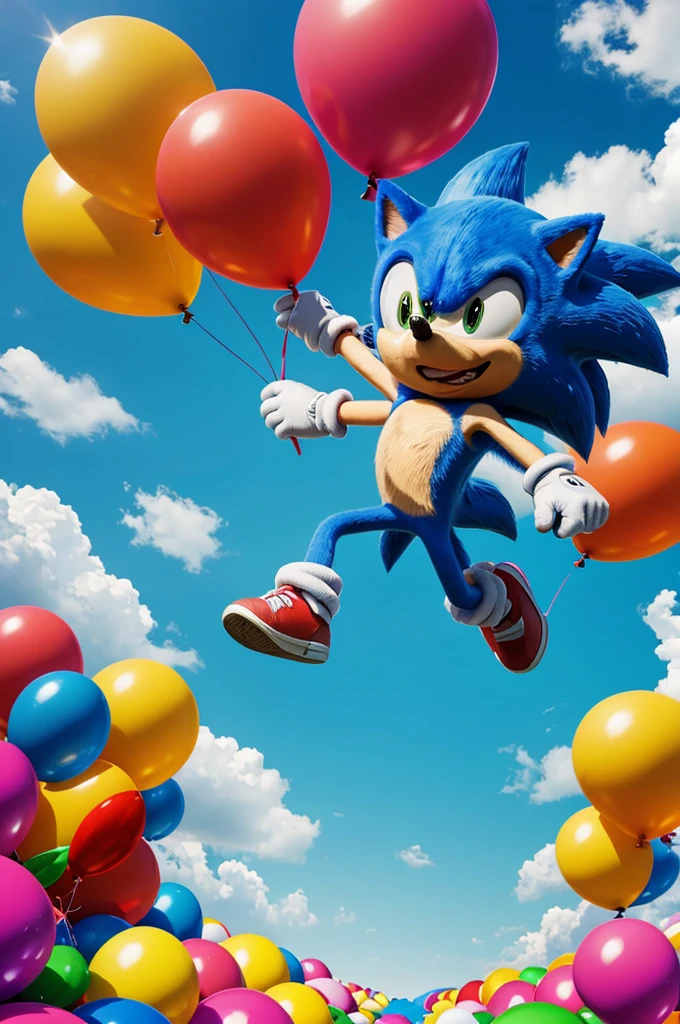 vibrant, whimsical digital art illustration of Sonic the Hedgehog holding a large, colorful bunch of balloons, floating up into the sky, playful and joyful expression, dynamic composition, bright saturated colors, digital painting, Adobe Photoshop, 4K resolution
