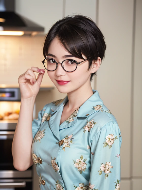 137
(a 20 yo woman, Bread), (A hyper-realistic), (high-level image quality), ((beautiful hairstyle 46)), ((short-hair:1.46)), (Gentle smile), (breasted:1.46), (lipsticks), (wears glasses,wide,kitchin), (florals), (there is an oven)