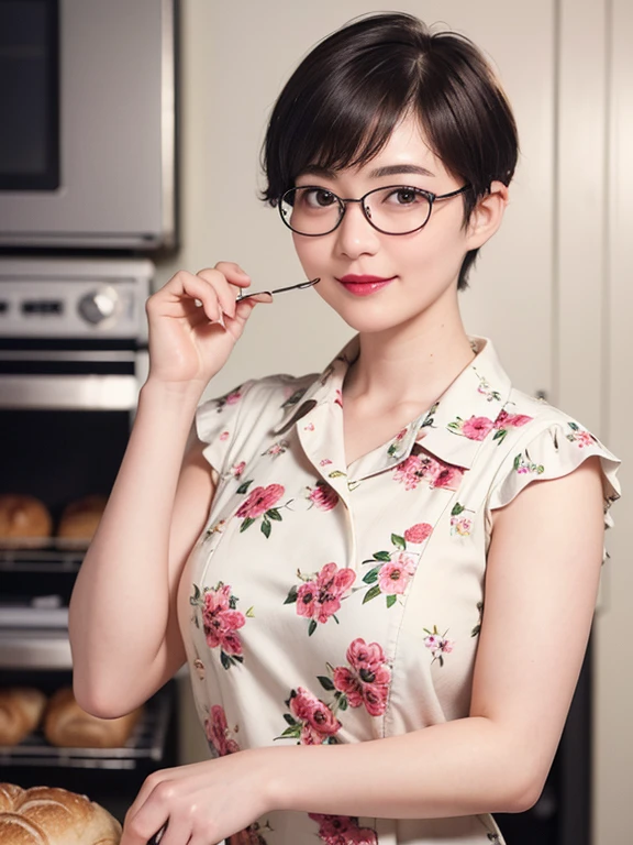 137
(a 20 yo woman, Bread), (A hyper-realistic), (high-level image quality), ((beautiful hairstyle 46)), ((short-hair:1.46)), (Gentle smile), (breasted:1.46), (lipsticks), (wears glasses,wide,kitchin), (florals), (there is an oven)