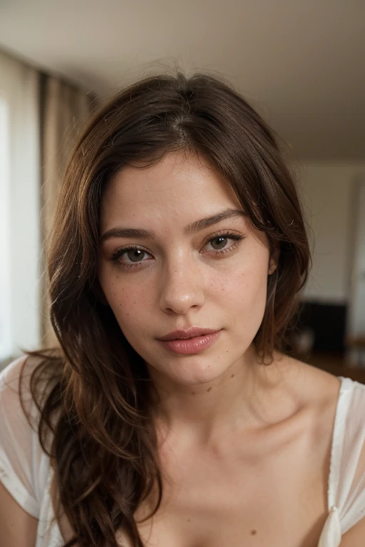 Belle jolie brune espagnole en haut blanc highly detailed, 24 ans, naughty face, freckled, naturally wavy brown hair, yeux marron noisette, high resolution, head of&#39;artwork, best quality, complex detail, highly detailed, sharpness, detailed skin, texture de peau realistic, texture, detailed eyes, Professionnel, 4K, charming smile, shot with Canon, 85mm, shallow depth of field, Couleurs Kodak Vision, corps parfaitement ajusté, extremely detailed, photo_\(ultra\), photorealistic, realistic, Post-traitement, maximum detail, roughness, real life, Ultrarealistic, photorealism, la photographie, 8k uh, la photographie((best quality)), ((head of&#39;artwork)), (detailed), visage parfait, front view, Tout le corps, Deprived