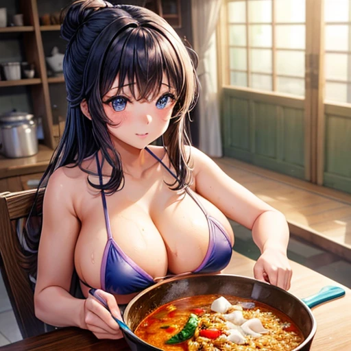 A girl in a micro bikini making a large amount of curry rice