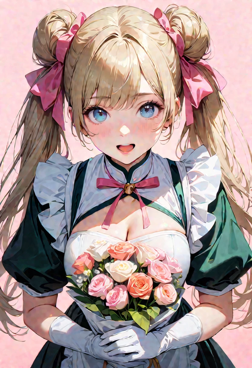 30 years old,1 mature woman,hyperrealistic, 8k, (extremely detailed 8k), (very delicate and beautiful), (masterpiece), (better quality:1.0), (ultra high resolution:1.0), (masterpiece, best quality), cute,blonde,cleavage cutout,(broen dress:1.3),gleaming skin,twintails,twin bun,a pink ribbon on the head,long hair,pastel green chinese maid dress,pastel green chinese dress,white long gloves,hold a bouquet of flowers,face and body straight at the camera,a bunch of flowers,POV,bust shot,white frill,puffy sleeves,laugh with open mouth,tareme,sky blue eyes,short truffle half apron,a gold buckle around someones neck,white corset,pink background