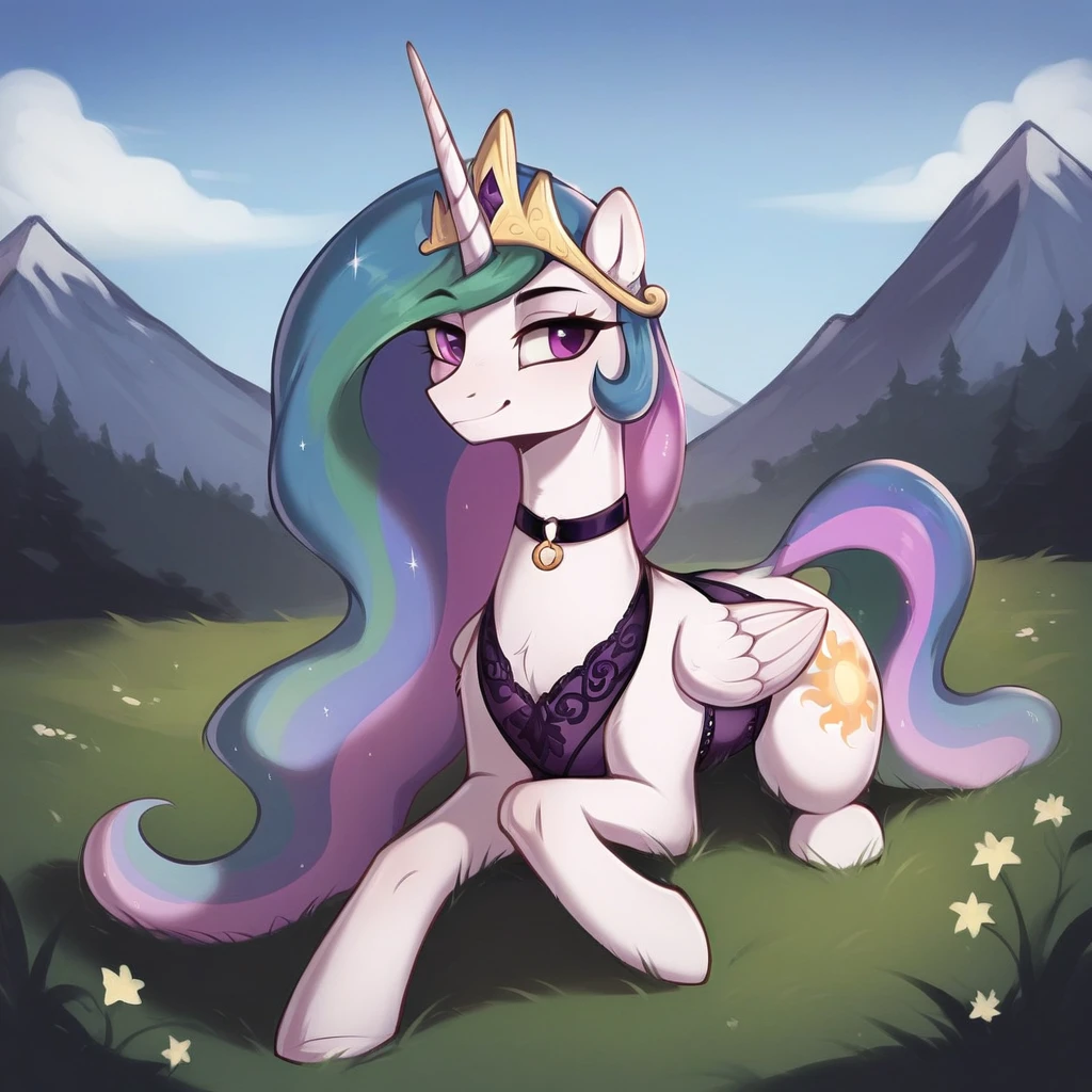 score_9, score_8_up, score_7_up, score_6_up, score_5_up, score_4_up, rating_explicit, outdoors, purple (lingerie and neck choker), solo, feral pony, princess  celestia, evil smile, closed mouth,BREAK mountain, day, sky, flower, kingdom, blue sky, grass 