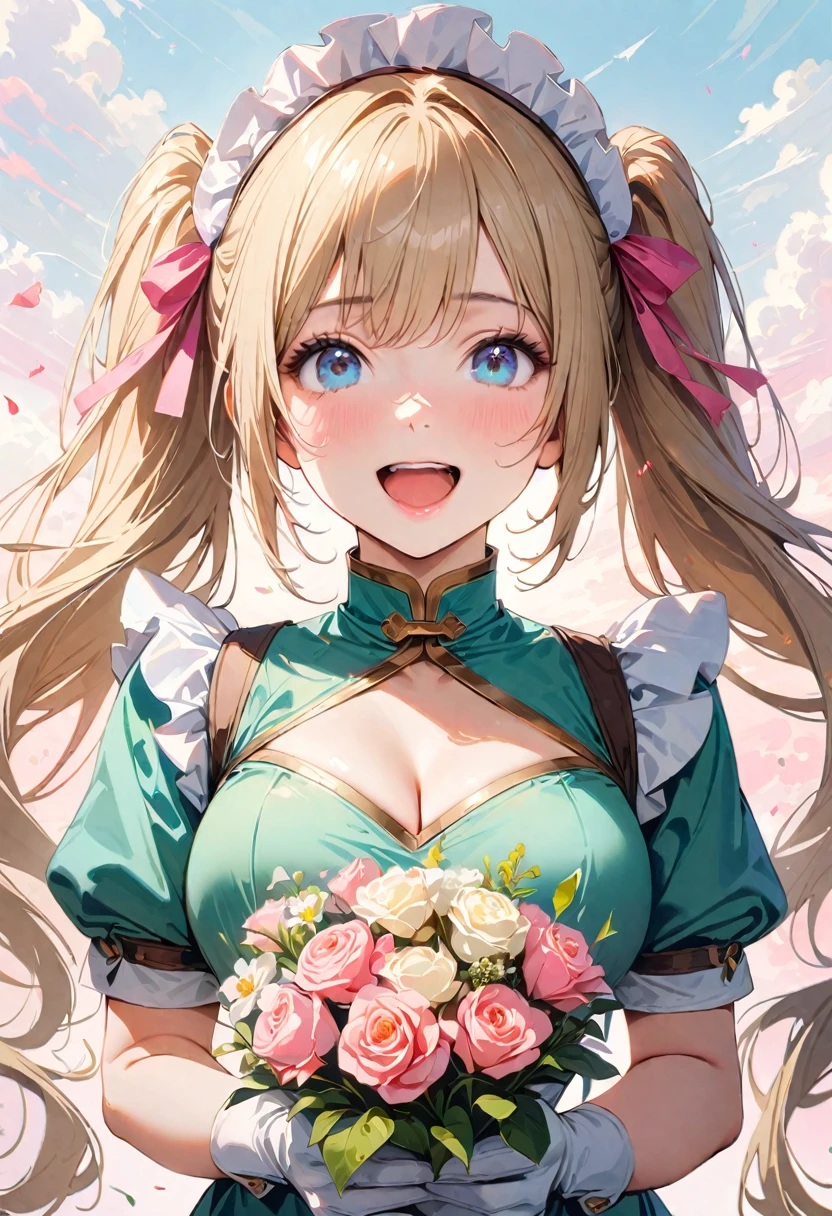 30 years old,1 mature woman,hyperrealistic, 8k, (extremely detailed 8k), (very delicate and beautiful), (masterpiece), (better quality:1.0), (ultra high resolution:1.0), (masterpiece, best quality), cute,blonde,cleavage cutout,(broen dress:1.3),gleaming skin,twintails,twin bun,a pink ribbon on the head,long hair,pastel green chinese maid dress,pastel green chinese dress,white long gloves,hold a bouquet of flowers,face and body straight at the camera,a bunch of flowers,POV,bust shot,white frill,puffy sleeves,laugh with open mouth,tareme,sky blue eyes,short truffle half apron,a gold buckle around someones neck,white corset,pink background