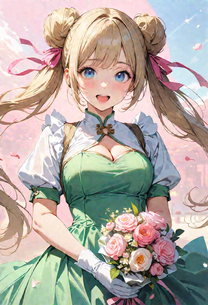 30 years old,1 mature woman,hyperrealistic, 8k, (extremely detailed 8k), (very delicate and beautiful), (masterpiece), (better quality:1.0), (ultra high resolution:1.0), (masterpiece, best quality), cute,blonde,cleavage cutout,(broen dress:1.3),gleaming skin,twintails,twin bun,a pink ribbon on the head,long hair,pastel green chinese maid dress,pastel green chinese dress,white long gloves,hold a bouquet of flowers,face and body straight at the camera,a bunch of flowers,POV,bust shot,white frill,puffy sleeves,laugh with open mouth,tareme,sky blue eyes,short truffle half apron,a gold buckle around someones neck,white corset,pink background