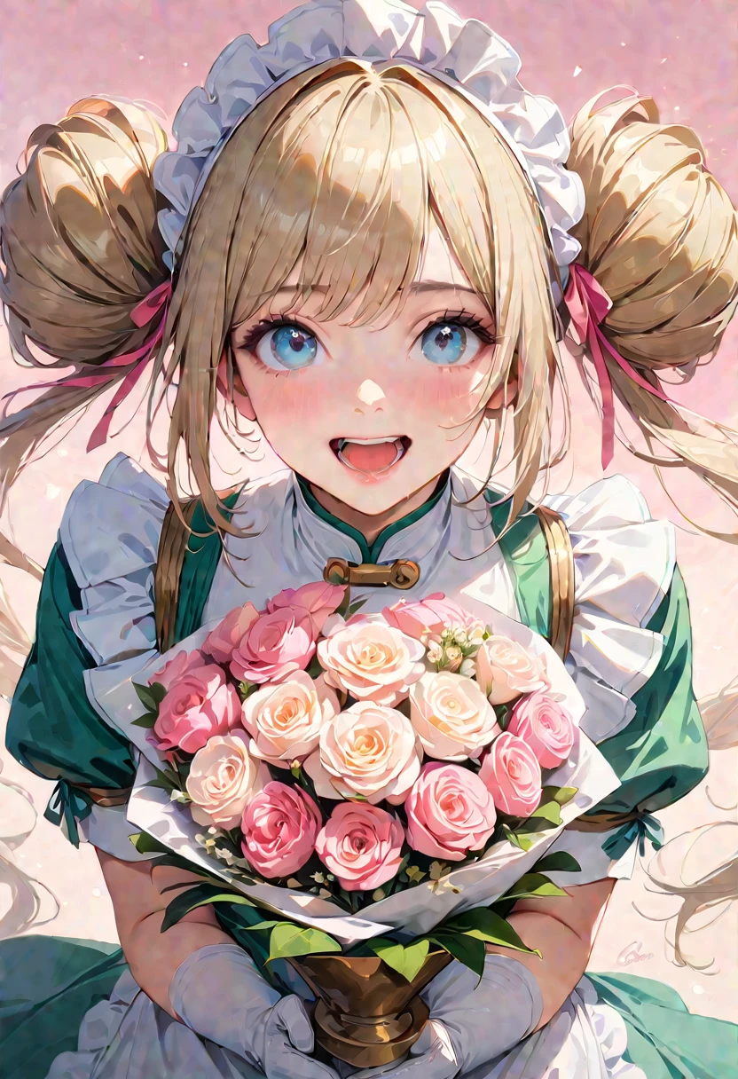 30 years old,1 mature woman,hyperrealistic, 8k, (extremely detailed 8k), (very delicate and beautiful), (masterpiece), (better quality:1.0), (ultra high resolution:1.0), (masterpiece, best quality), cute,blonde,cleavage cutout,(broen dress:1.3),gleaming skin,twintails,twin bun,a pink ribbon on the head,long hair,pastel green chinese maid dress,pastel green chinese dress,white long gloves,hold a bouquet of flowers,face and body straight at the camera,a bunch of flowers,POV,bust shot,white frill,puffy sleeves,laugh with open mouth,tareme,sky blue eyes,short truffle half apron,a gold buckle around someones neck,white corset,pink background