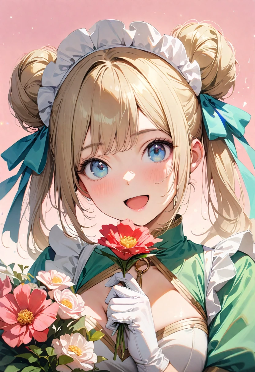 30 years old,1 mature woman,hyperrealistic, 8k, (extremely detailed 8k), (very delicate and beautiful), (masterpiece), (better quality:1.0), (ultra high resolution:1.0), (masterpiece, best quality), cute,blonde,cleavage cutout,(broen dress:1.3),gleaming skin,twintails,twin bun,a pink ribbon on the head,long hair,pastel green chinese maid dress,pastel green chinese dress,white long gloves,hold a bouquet of flowers,face and body straight at the camera,a bunch of flowers,POV,bust shot,white frill,puffy sleeves,laugh with open mouth,tareme,sky blue eyes,short truffle half apron,a gold buckle around someones neck,white corset,pink background
