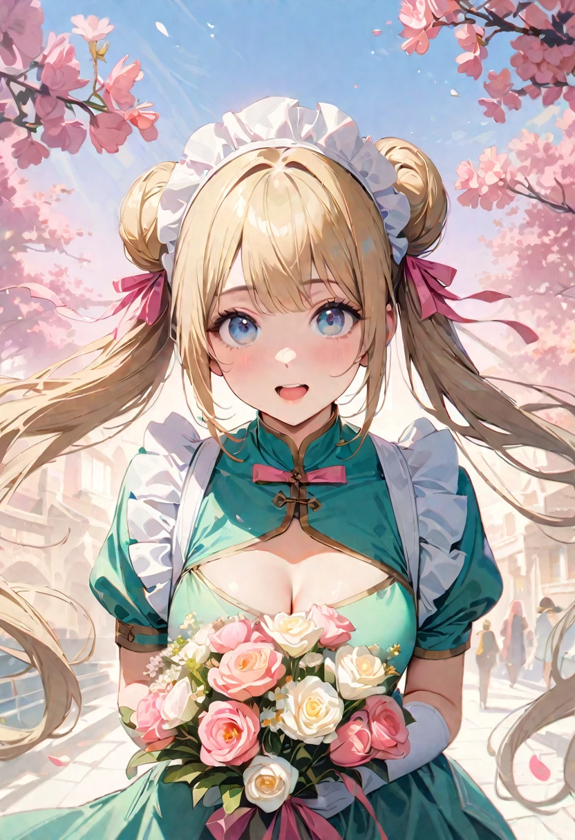 30 years old,1 mature woman,hyperrealistic, 8k, (extremely detailed 8k), (very delicate and beautiful), (masterpiece), (better quality:1.0), (ultra high resolution:1.0), (masterpiece, best quality), cute,blonde,cleavage cutout,(broen dress:1.3),gleaming skin,twintails,twin bun,a pink ribbon on the head,long hair,pastel green chinese maid dress,pastel green chinese dress,white long gloves,hold a bouquet of flowers,face and body straight at the camera,a bunch of flowers,POV,bust shot,white frill,puffy sleeves,laugh with open mouth,tareme,sky blue eyes,short truffle half apron,a gold buckle around someones neck,white corset,pink background