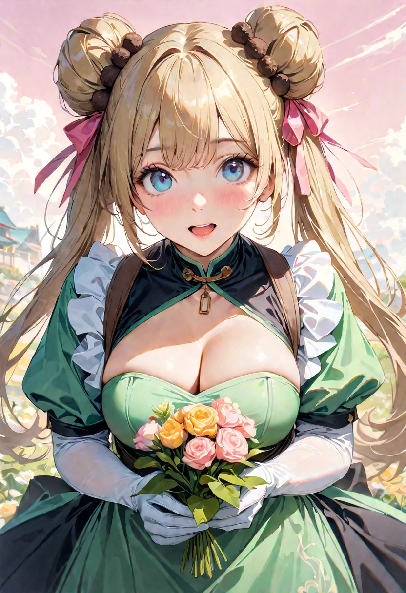 30 years old,1 mature woman,hyperrealistic, 8k, (extremely detailed 8k), (very delicate and beautiful), (masterpiece), (better quality:1.0), (ultra high resolution:1.0), (masterpiece, best quality), cute,blonde,cleavage cutout,(broen dress:1.3),gleaming skin,twintails,twin bun,a pink ribbon on the head,long hair,pastel green chinese maid dress,pastel green chinese dress,white long gloves,hold a bouquet of flowers,face and body straight at the camera,a bunch of flowers,POV,bust shot,white frill,puffy sleeves,laugh with open mouth,tareme,sky blue eyes,short truffle half apron,a gold buckle around someones neck,white corset,pink background