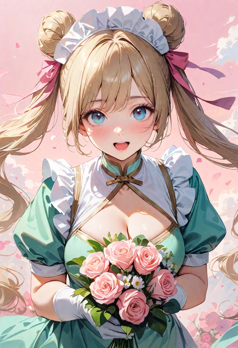 30 years old,1 mature woman,hyperrealistic, 8k, (extremely detailed 8k), (very delicate and beautiful), (masterpiece), (better quality:1.0), (ultra high resolution:1.0), (masterpiece, best quality), cute,blonde,cleavage cutout,(broen dress:1.3),gleaming skin,twintails,twin bun,a pink ribbon on the head,long hair,pastel green chinese maid dress,pastel green chinese dress,white long gloves,hold a bouquet of flowers,face and body straight at the camera,a bunch of flowers,POV,bust shot,white frill,puffy sleeves,laugh with open mouth,tareme,sky blue eyes,short truffle half apron,a gold buckle around someones neck,white corset,pink background