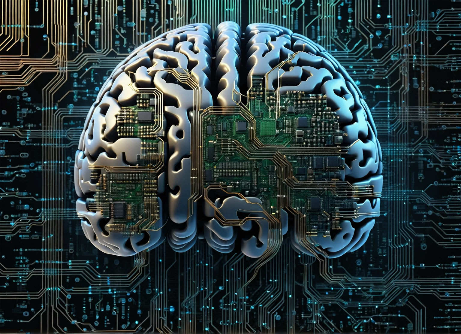 A digital book cover image of A digital brain with circuitry and binary code intertwined, symbolizing the merging of technology and human intelligence, 16K, highly detailed.