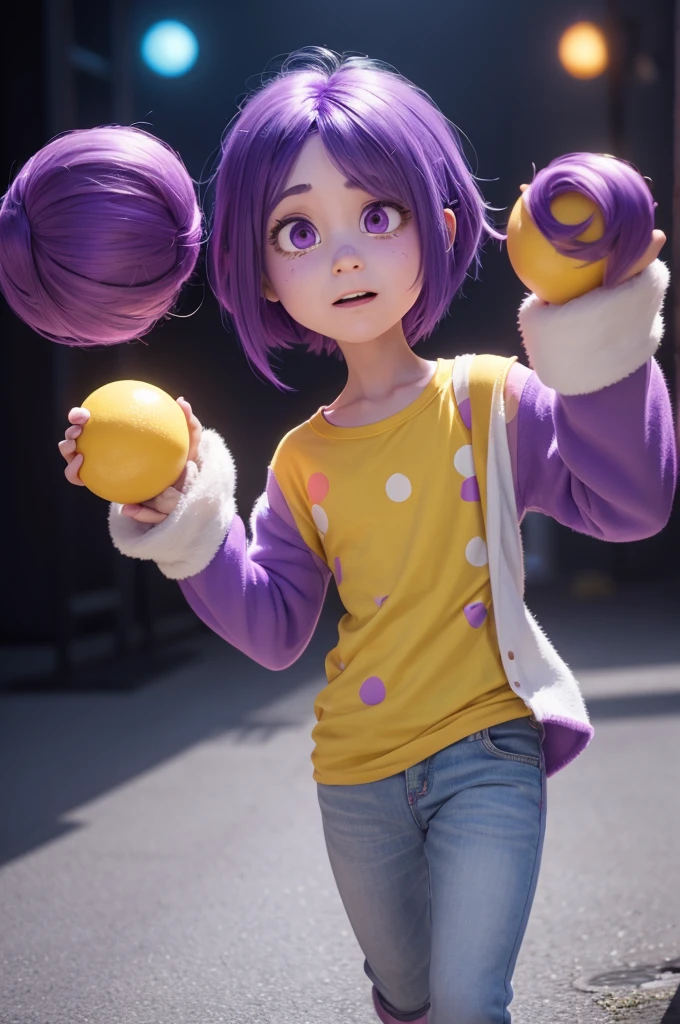 Make a character for the movie "Inside Out" Purple hair With yellow highlights Orange eyes White clothes with white spots Tears coming out of their eyes Disneypixar 3d animation style