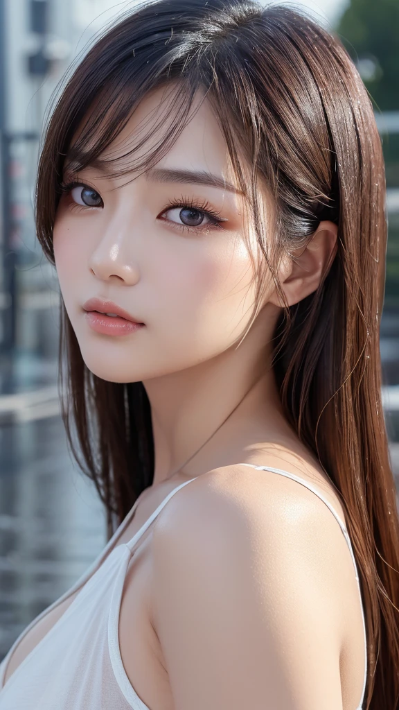 ((Highest quality、8K、masterpiece：1.3))、Sharpness：1.2、Perfect body beauty：1.4、Slim Abs：1.2、((Layered Hairstyles、Big Breasts：1.2))、(Wetたストリートファッション：1.1)、(rain、Town：1.2)、Wet：1.5、Highly detailed face and skin texture、Fine particles、double eyelid、Profile looking at the camera、tits