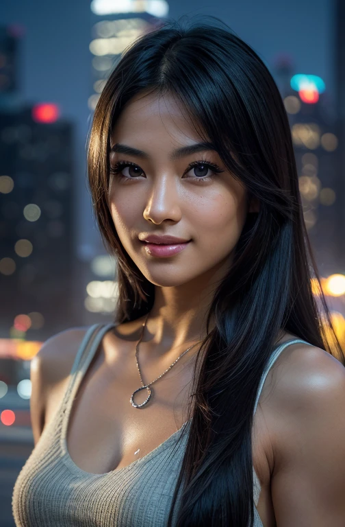 8K, Masterpiece artwork, RAW photograph, top-quality, photorrealistic, papel de parede Unity 8K CG altamente detalhado, Depth of field, cinematic light, Lens flare, ray tracing, (very beautiful face, beautiful lips, gorgeous eyes), extreme detailed face, ((very detailed skin)) A girl, in dark, deep-shadows, beautiful asian girl, Idol, (very lean and muscular body: 1,3), (((looking straight ahead)), (great smile: 1,3), (cityscape at night, nblurry background), (soft lighting, skyscrapers, Street), pretty girl, aretes, bracelet, necklase, clear eyes, walking, from front view, Bblack hair (long hair)