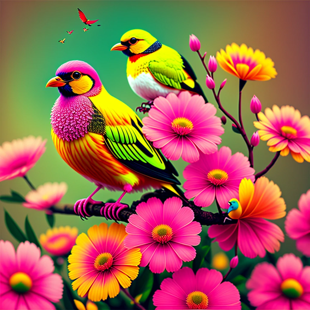 pink flowers, CGI Art, red-yellow color, Pardal Surreal, Pinterest, photorealistic art style, rich colors, AI-generated images, high detailed portrait, bird sitting on a branch singing to you, breathtaking rendering