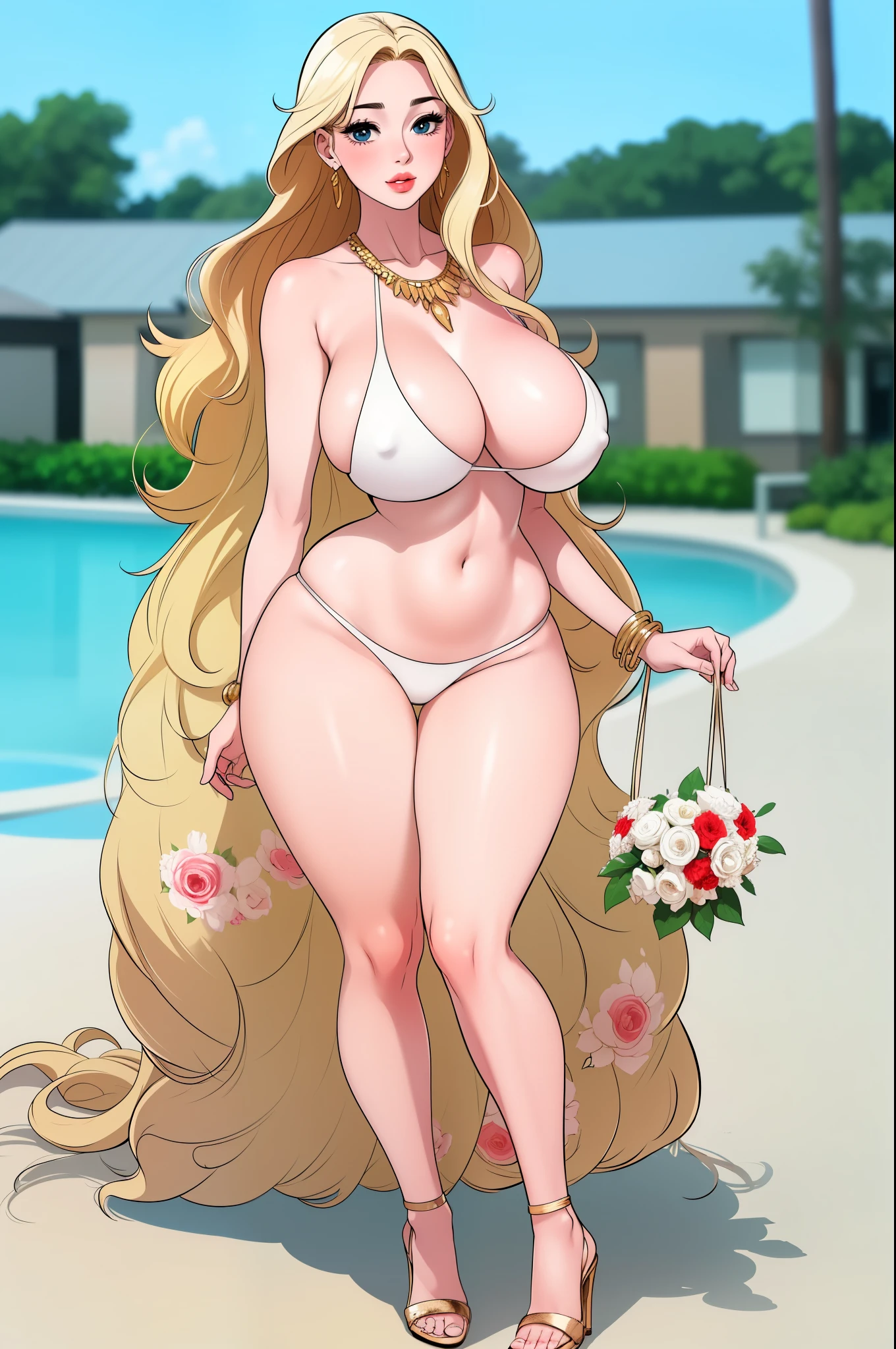 An extremely beautiful stunning busty woman, with gold blonde long silky hair, big blue eyes, extremely super bright snow white fair stunning flawless glowing lush shiny flawless white skin, a perfect tight hourglass figure, and a skinny waist, sexy thick smooth luscious legs and thighs, extremely cute smile on the face, bright pink blushes on cheeks, wearing a short sexy tight revealing white bikini with threads, yellow heels, gold necklace on the neck, gold anklets on feet, gold chain on the waist, standing straight, holding a red roses bouquet, beach in the background, show full body from head to feet.