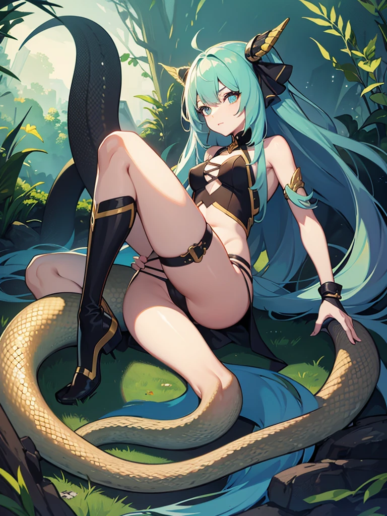 A snake girl with long hair and a long tail, She has a tail instead of legs