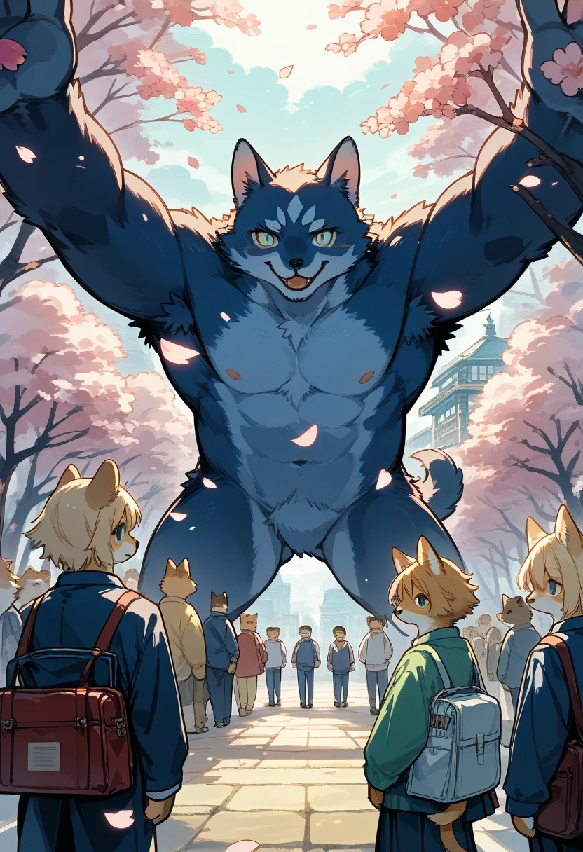 top quality, best quality, High-quality illustrations, masterpiece, super high resolution, detailed background, Cherry blossom petals flutter,  Entrance Ceremony, Children carrying school bags, 6+boys, 6+girls, absurdres(highly detailed beautiful face and eyes)perfect anatomy, expression, (good lighting, cinematic shadow)(kemono, furry anthro)assorted poses, dynamic angle,