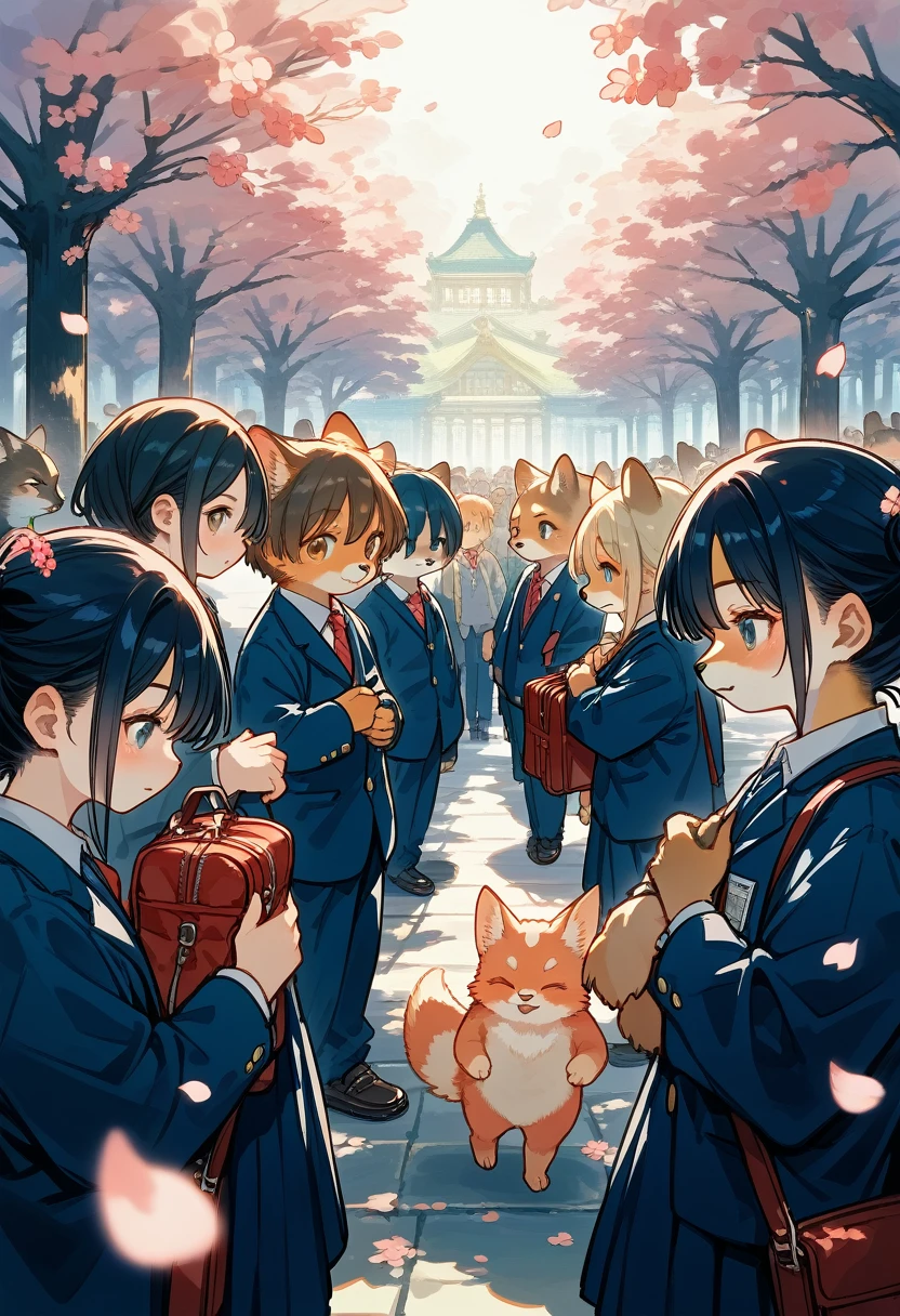 top quality, best quality, High-quality illustrations, masterpiece, super high resolution, detailed background, Cherry blossom petals flutter, Elementary School Entrance Ceremony, Children carrying school bags, 6+boys, 6+girls, absurdres(highly detailed beautiful face and eyes)perfect anatomy, expression, (good lighting, cinematic shadow)(kemono, furry anthro)assorted poses, dynamic angle,