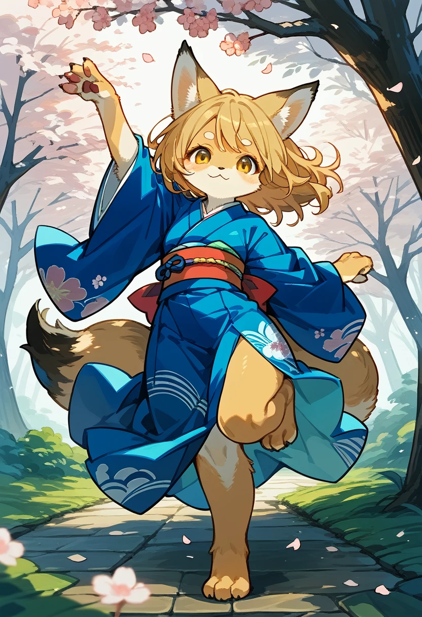 masterpiece, shuimobysim, badashanren, Shukezouma, kimono, The cherry tree, cherry blossoms dancing in the wind(super cute 1girl, solo, kemono, furry anthro)(animal ear, animal tail)full body,