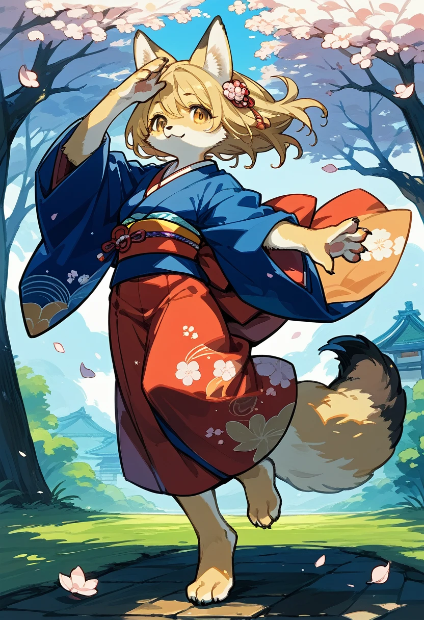 masterpiece, shuimobysim, badashanren, Shukezouma, kimono, The cherry tree, cherry blossoms dancing in the wind(super cute 1girl, solo, kemono, furry anthro)(animal ear, animal tail)full body,