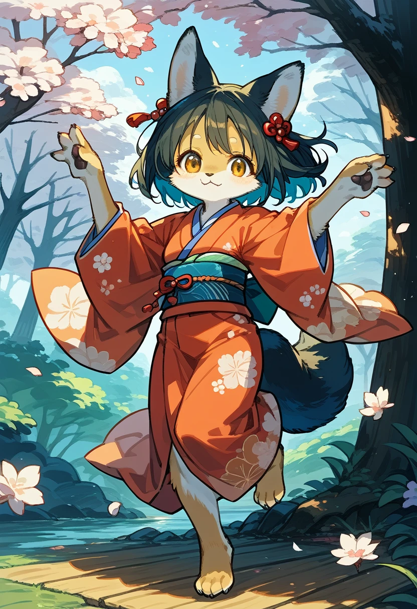 masterpiece, shuimobysim, badashanren, Shukezouma, kimono, The cherry tree, cherry blossoms dancing in the wind(super cute 1girl, solo, kemono, furry anthro)(animal ear, animal tail)full body,