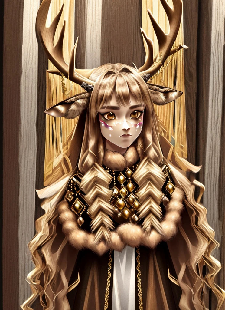 ((Highest quality)), ((Very detailed)), masterpiece, Detailed face, Beautiful Face, (Fine grain, Deep Eyes), (One girl), Upper Body, , -((Deer Maiden)), Deer ears, deer tail, Dearantlers, Big deer antlers, Fur coat, 