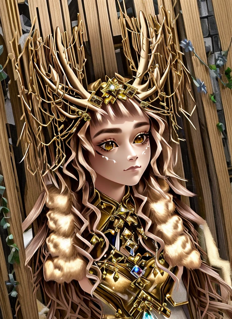 ((Highest quality)), ((Very detailed)), masterpiece, Detailed face, Beautiful Face, (Fine grain, Deep Eyes), (One girl), Upper Body, , -((Deer Maiden)), Deer ears, deer tail, Dearantlers, Big deer antlers, Fur coat, 