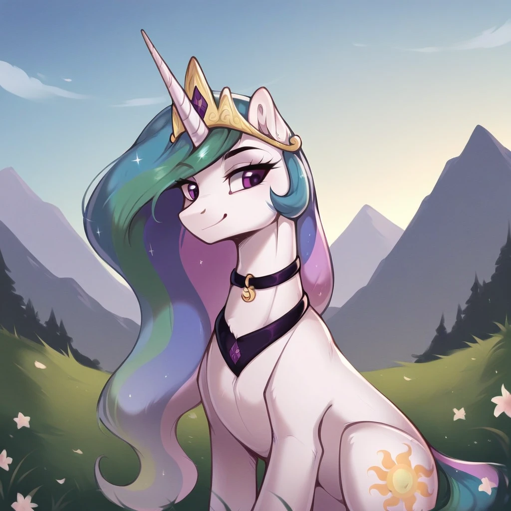 score_9, score_8_up, score_7_up, score_6_up, score_5_up, score_4_up, rating_explicit, outdoors, purple (lingerie and neck choker), solo, feral pony, princess  celestia, evil smile, closed mouth,BREAK mountain, day, sky, flower, kingdom, blue sky, grass 