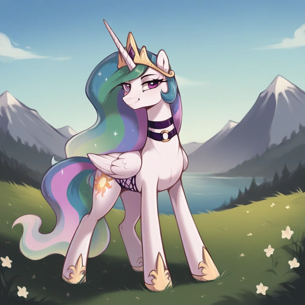 score_9, score_8_up, score_7_up, score_6_up, score_5_up, score_4_up, rating_explicit, outdoors, purple (lingerie and neck choker), solo, feral pony, princess  celestia, evil smile, closed mouth,BREAK mountain, day, sky, flower, kingdom, blue sky, grass 