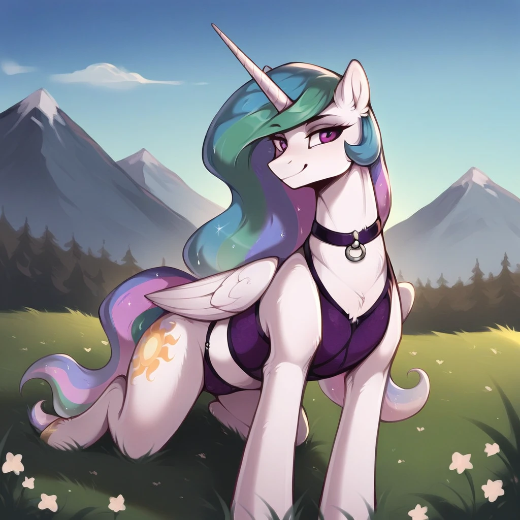 score_9, score_8_up, score_7_up, score_6_up, score_5_up, score_4_up, rating_explicit, outdoors, purple (lingerie and neck choker), solo, feral pony, princess  celestia, evil smile, closed mouth,BREAK mountain, day, sky, flower, kingdom, blue sky, grass 