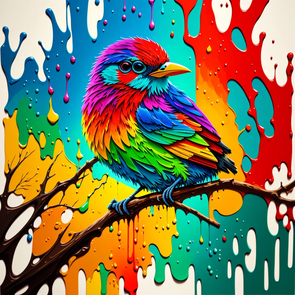 painting of a colorful bird sitting on a branch with paint dripping, paint with a spatula, 4k acrylic painting, full of colors, complex and intense oil paint, Bela arte UHD 4K, semi-abstract stroke