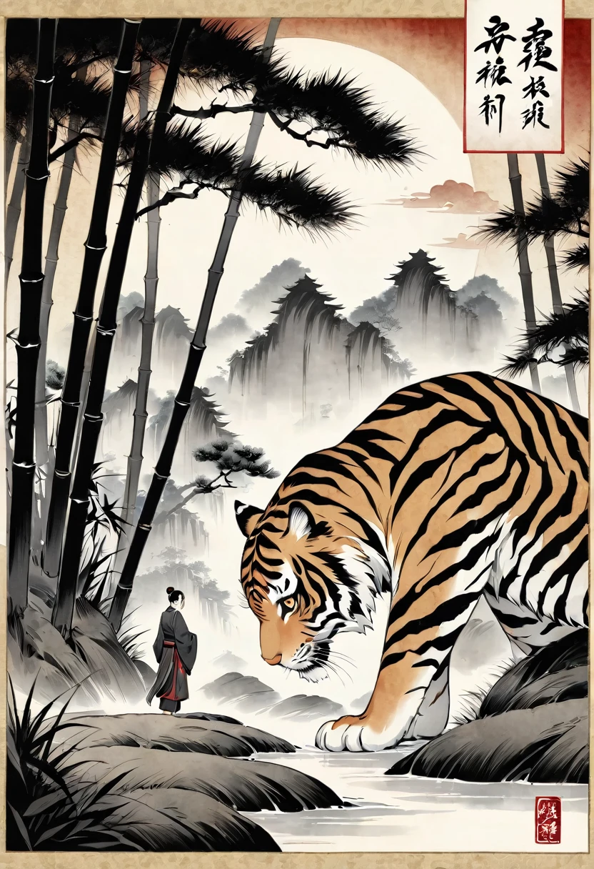 In a bamboo forest, a human transformed into a tiger meets an old friend and laments their past, Illustrated in the style of a traditional Chinese ink wash painting, resembling a handscroll with a horizontal composition,