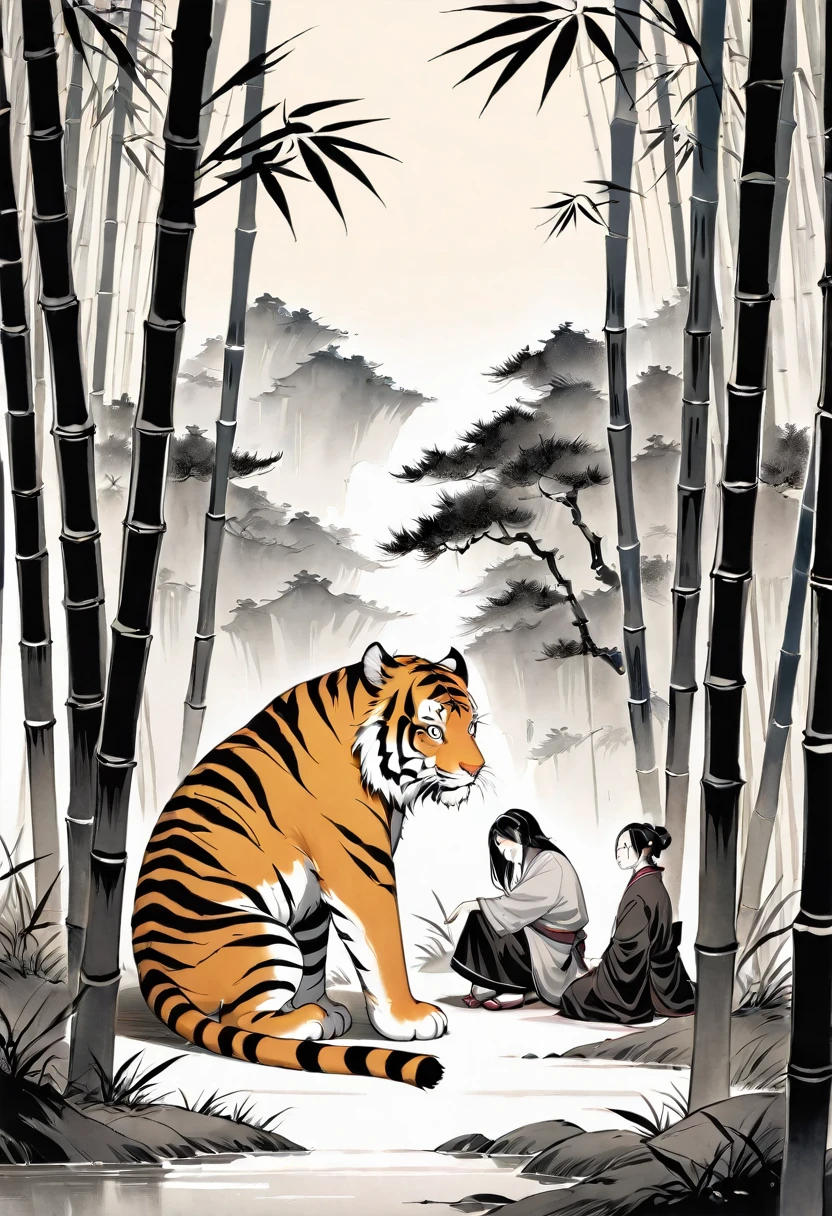 In a bamboo forest, a human transformed into a tiger meets an old friend and laments their past, Illustrated in the style of a traditional Chinese ink wash painting, resembling a handscroll with a horizontal composition,