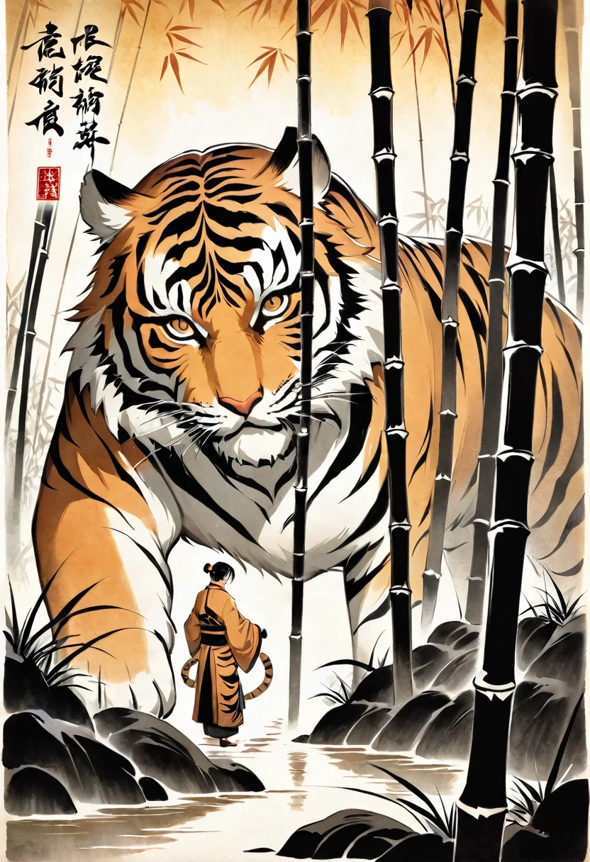 In a bamboo forest, a human transformed into a tiger meets an old friend and laments their past, Illustrated in the style of a traditional Chinese ink wash painting, resembling a handscroll with a horizontal composition,