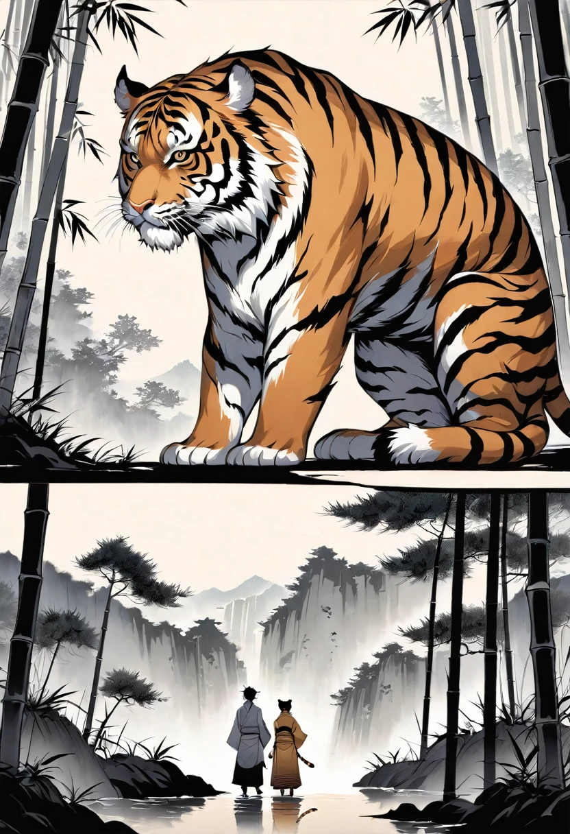 In a bamboo forest, a human transformed into a tiger meets an old friend and laments their past, Illustrated in the style of a traditional Chinese ink wash painting, resembling a handscroll with a horizontal composition,