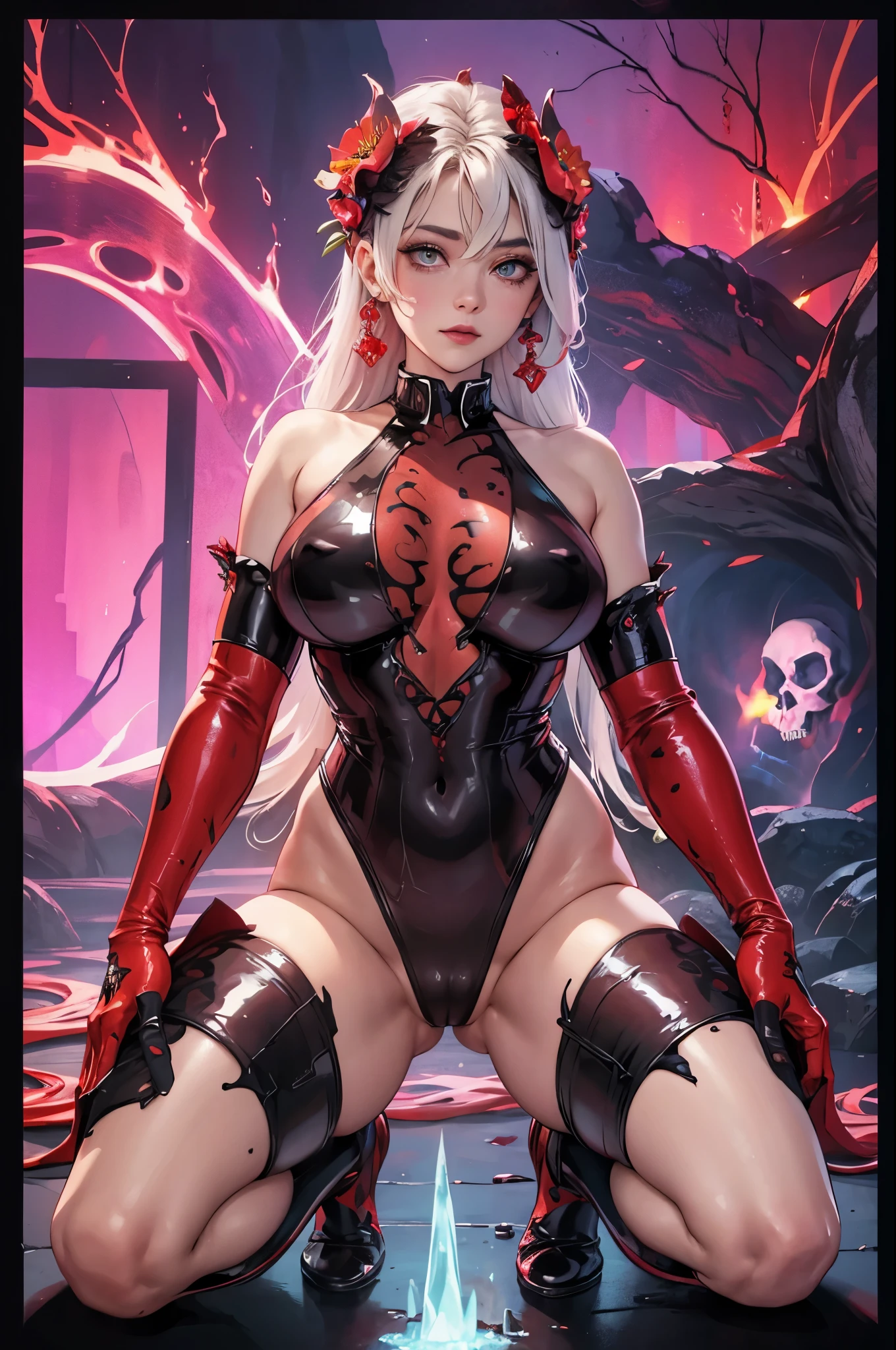 Woman body set large breasts(best quality, highres, ice skull:1.1), A girl with a body made of lava, featuring a Dracula Orchid pattern. (best quality, ultra-detailed), (realistic), vibrant colors, intense lighting, lava-like texture, hauntingly beautiful composition, surreal atmosphere, contrasting dark shadows, mesmerizing glow, detailed facial features, flowing lava tendrils, fiery eyes, ethereal presence, intricate floral patterns, mysterious aura."