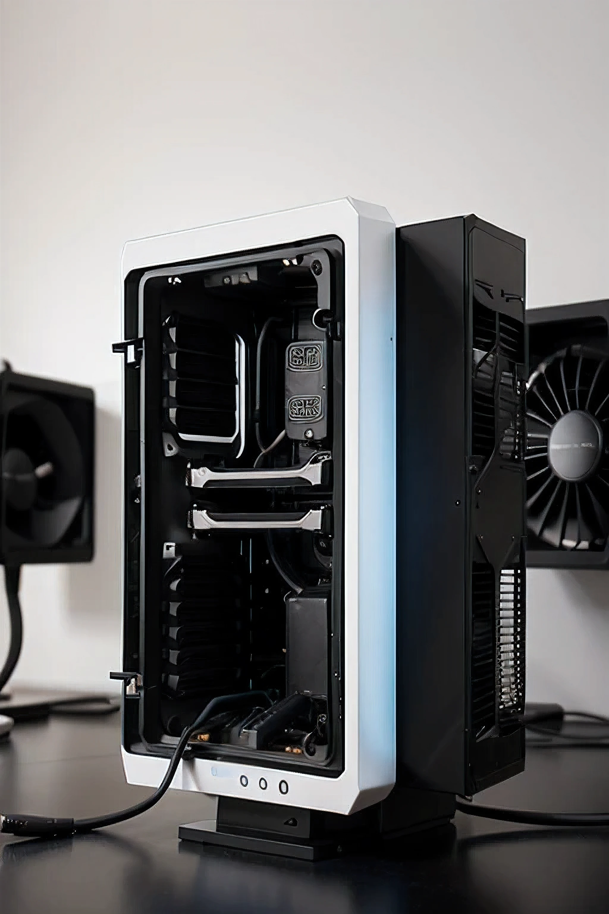 An image of a smartphone with cooling fans or heat pipes illustrated around it, symbolizing advanced cooling systems. (19:6 ratio)
