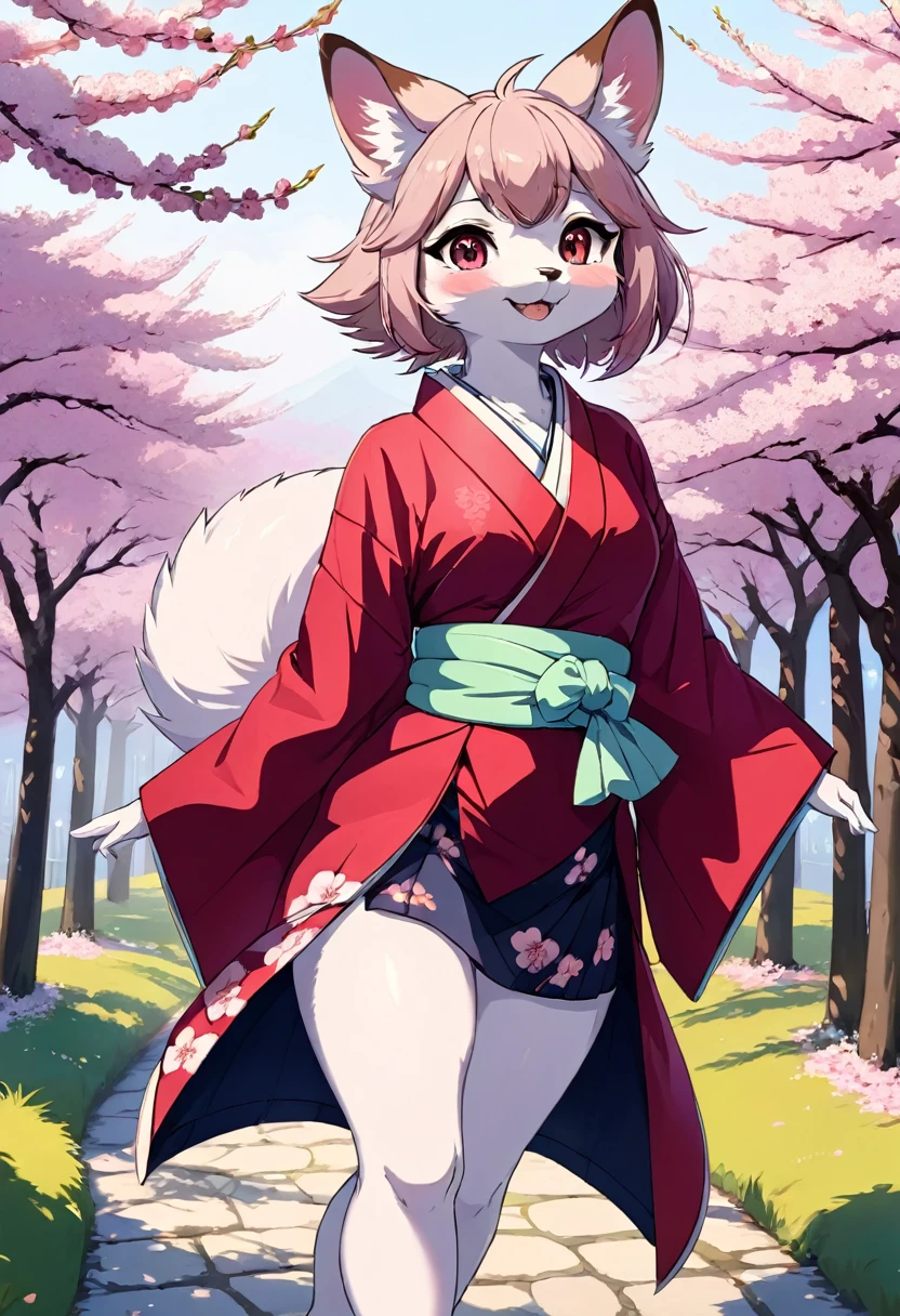 masterpiece, kimono, The cherry tree, cherry blossoms dancing in the wind(super cute 1girl, solo, kemono, furry anthro)
