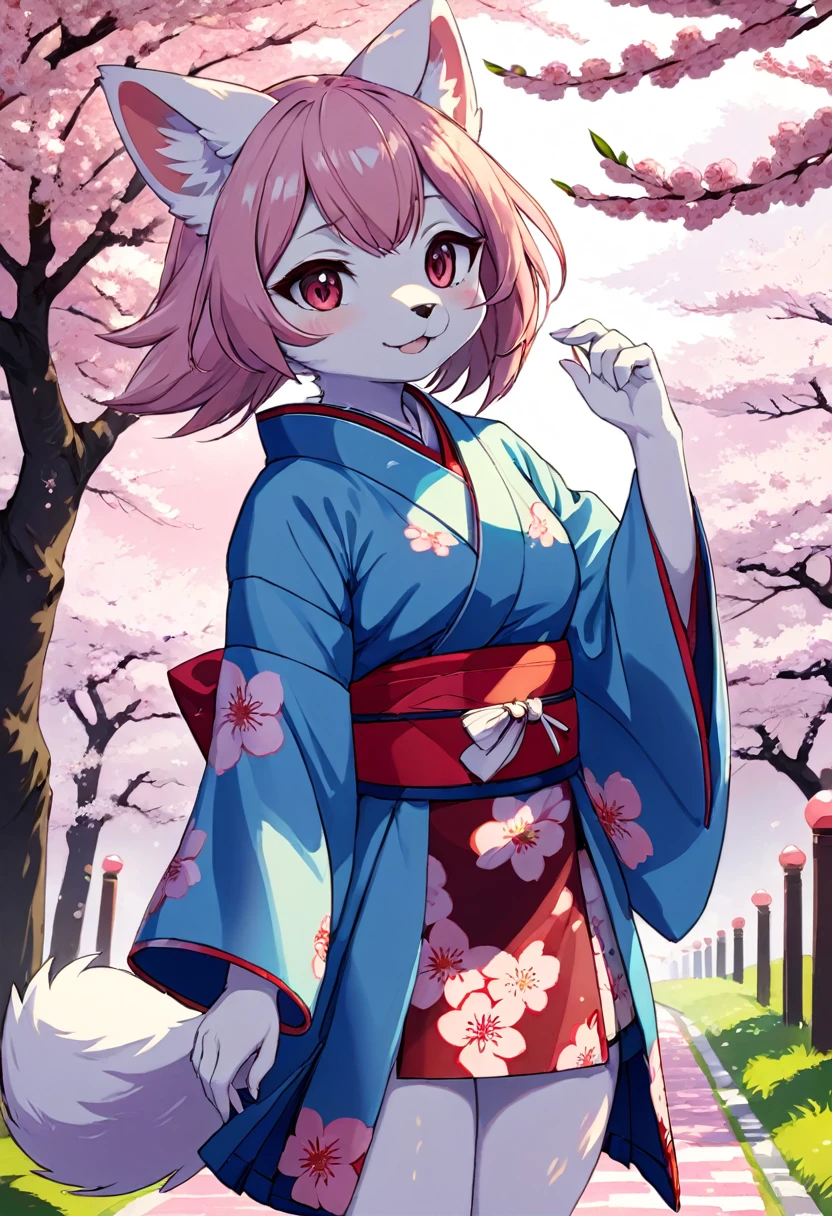 masterpiece, kimono, The cherry tree, cherry blossoms dancing in the wind(super cute 1girl, solo, kemono, furry anthro)