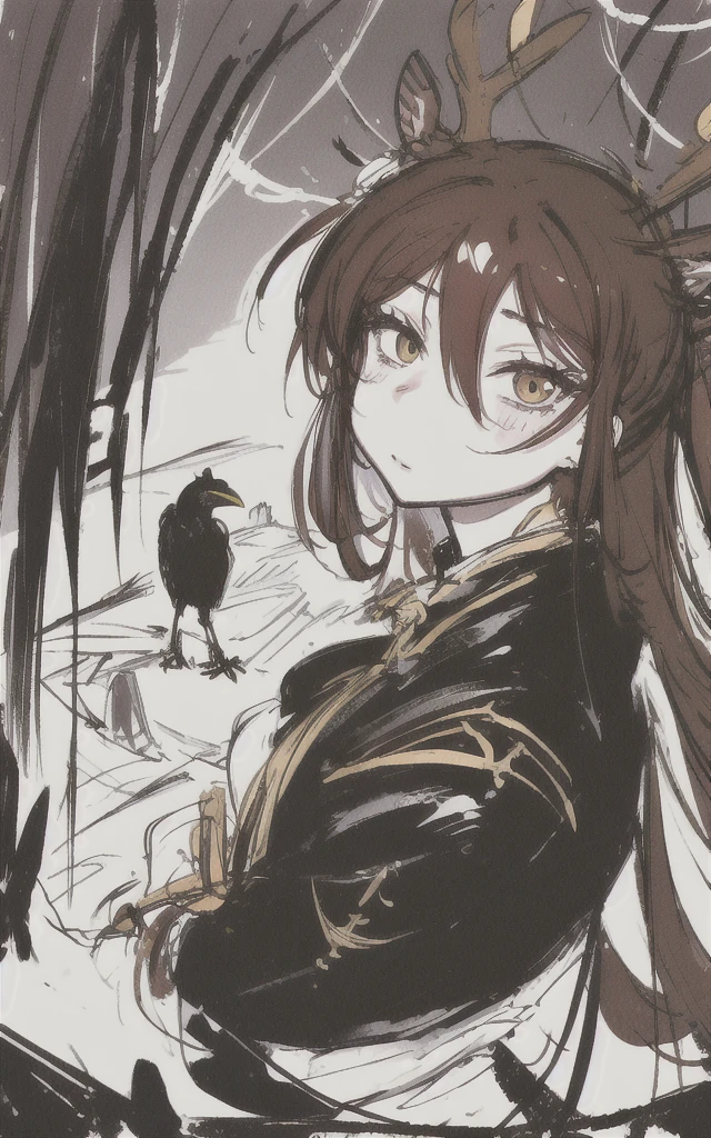 masterpiece, Highest quality, Official Art, Highest quality, beautiful, Very detailed顔, Perfect lighting, 1girl,  girl, monster girl, (Crow, sketch, sketchy:1.2), Symmetric!! Half female、Half deer portrait, Deer horn, Brown Hair, Deer ears, Fantasy, Medieval clothing, Complex, elegant, Very detailed, Digital Painting, Art Station, Smooth, Sharp focus, figure, Centered,