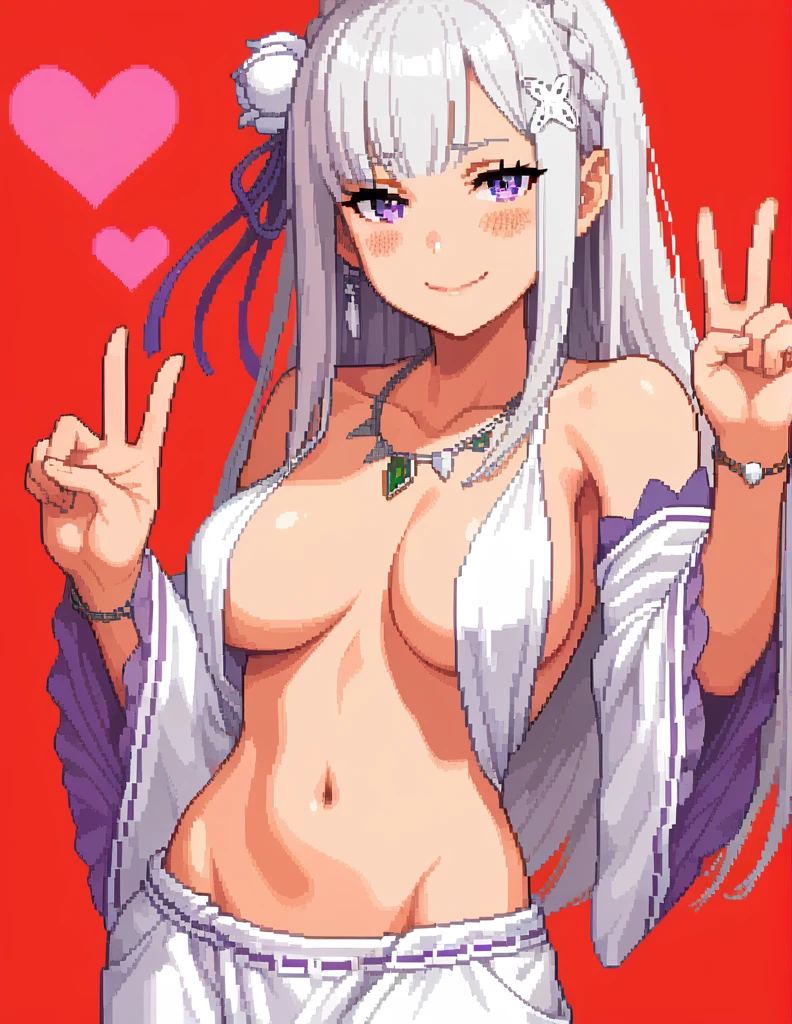 score_9, score_8_up, score_7_up, rating_safe, 1girl, solo, Pixel_Art,
Re:Zero, Emilia, purple eyes, white hair, long hair, side bangs, large breasts, revealing clothing, harem outfit, collarbone, backless, topless, cross halter, necklace, loose sleeves, bracelet, bare shoulders, belly button , hip vent, harem pants, cowboy shot, v, raise hand, look at viewer, simple background, red background, heart background, blush, naughty face, smile, half-closed eyes, nude, ecchi